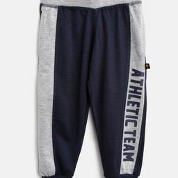 PROTEENS Boys Navy Blue & Grey Melange Colourblocked Joggers with Printed Detail-18