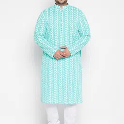 VASTRAMAY Men Turquoise Blue Paisley Embroidered Pure Cotton Kurta with Pyjamas-picture-22