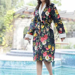 SANSKRUTIHOMES Navy Blue & White Printed Comfort-Fit Bath Robe-19