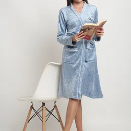 Arrabi Women Blue Woollen Bath Robe With Pockets-50