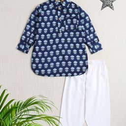 The Magic Wand Boys Floral Printed Shirt Collar Pure Cotton Straight Kurta with Salwar-45