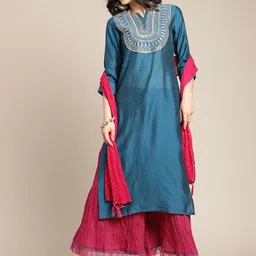 Varanga Women Teal & Red Embroidered Kurta & Palazzo With Dupatta-image-79