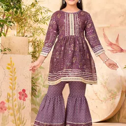 BAESD Girls Ethnic Motifs Printed Gotta Patti A-Line Kurta With Sharara-picture-19