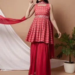 WEAVLLITE Bandhani Printed Pleated Square Neck Mirror Work Kurta with Sharara & Dupatta-13