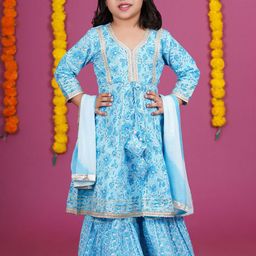 Stuffie Land Girls Floral Printed Gotta Patti Pure Cotton Kurta with Sharara & Dupatta-image-24