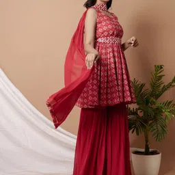 WEAVLLITE Bandhani Printed Pleated Square Neck Mirror Work Kurta with Sharara & Dupatta image 5