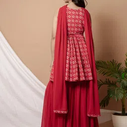 WEAVLLITE Bandhani Printed Pleated Square Neck Mirror Work Kurta with Sharara & Dupatta image 4