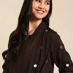 SHOWOFF Women Coffee Brown Knee Length Solid A-Line Kurta with Shrug-4
