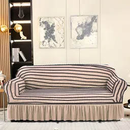 Aura Beige & Black Stretchable Bubble Two Seater Sofa Cover With Skirt-image-21