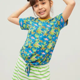 frangipani Girls Blue & Green Printed Pure Cotton Top with Skirt-picture-40