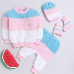 Little Angels Infants Set Of 4 Self-Design Sweater & Trousers With Socks & Cap-52
