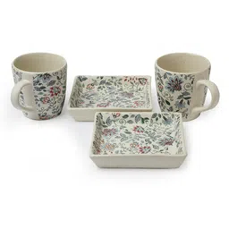 Arrabi Cream-Coloured & Red 4 Pieces Printed Stoneware Matte Cups With Tray - 220 ML Each image 3