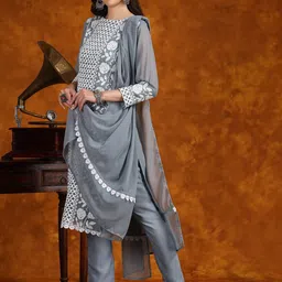HERE&NOW Floral Embroidered Thread Work Kurta with Trousers & Dupatta image 4