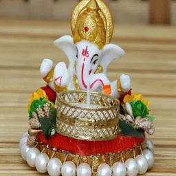 eCraftIndia Red & White Lord Ganesha Idol On Decorative Plate With Tea Light Holder Showpiece-picture-17