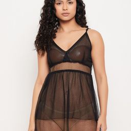 Clovia Black Shoulder Straps Net Baby Doll With Briefs-9