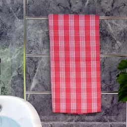 Athom Living Red Checked Cotton 150 GSM Bath Towel-57