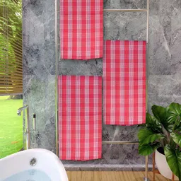 Athom Living Red 3 Pieces Checked Cotton 150 GSM Bath Towel-7