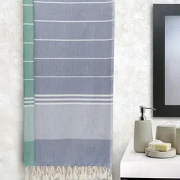 Arrabi Set Of 2 Grey & Green Striped Handwoven Cotton 210 GSM Bath Towel-9
