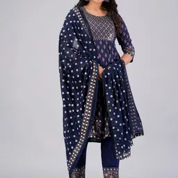 MAUKA Ethnic Motifs Printed Empire Thread Work Kurta with Trousers & Dupatta image 1