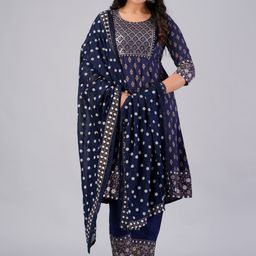 MAUKA Ethnic Motifs Printed Empire Thread Work Kurta with Trousers & Dupatta image 3