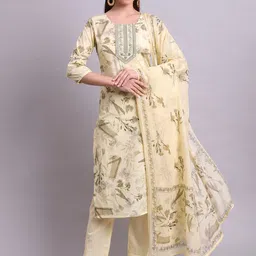 aayusika Women Floral Printed Regular Thread Work Pure Cotton Kurta with Trousers & With Dupatta-picture-2