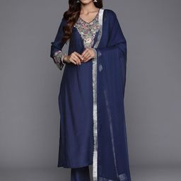 Varanga Women Floral Embroidered Thread Work Straight Kurta & Trousers With Dupatta-image-10