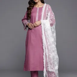 Varanga Floral Thread Embroidered Straight Kurta & Trousers With Dupatta-56