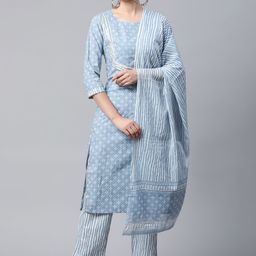 MEERA FAB Women Blue Ethnic Motifs Printed Pure Cotton Kurta with Trousers & Dupatta-13