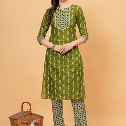 JVSP FASHION Round Neck Floral Printed Regular Pure Cotton Straight Kurta with Trousers-picture-18