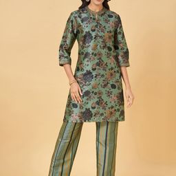 RANGMANCH BY PANTALOONS Mandarin Collar Floral Printed Regular Straight Kurti Set-picture-52