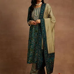 Libas Floral Printed Regular Sequinned Kurta & Trousers With Dupatta image 2