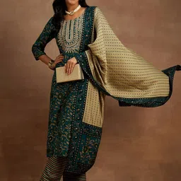 Libas Floral Printed Regular Sequinned Kurta & Trousers With Dupatta image 4