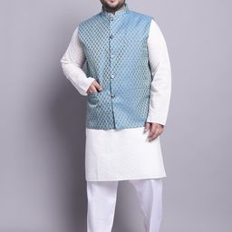 SOJANYA PLUS Plus Size Embroidered Cotton Kurta With Pyjamas & Woven Design Nehru Jacket-57