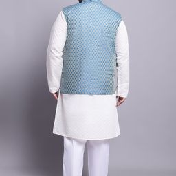 SOJANYA PLUS Plus Size Embroidered Cotton Kurta With Pyjamas & Woven Design Nehru Jacket image 5
