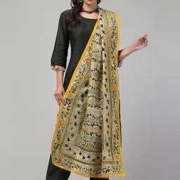Tweedle Floral Embroidered Dupatta With Kantha Work-picture-51