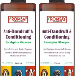 Anti-Dandruff & Conditioning Eucalyptus Shampoo Most effective Anti-Dandruff Shampoo Eliminates Dandruff Caused By Fungi Moisturizes Dry Skin Dog Shampoo Cat Shampoo Enriched Shampoo With Aloevera And Coconut Oil Anti-dandruff, Anti-fungal, Conditioning, Whitening and Color Enhancing eucalyptus Mint Fragrance Dog Shampoo (200 ml) Pack Of 2 Allergy Relief, Anti-dandruff, Anti-fungal, Anti-itching, Conditioning, Whitening and Color Enhancing Eucalyptus Mint Fragrance Dog Shampoo-19