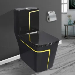 lurexa Dimond Quality LT010 Black commode with Yellow Finishing Line and Round Flush Button Western Commode image 2