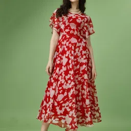 Women Fit and Flare Red, Pink Maxi/Full Length Dress-image-90