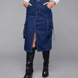 Women Solid Regular Blue Skirt-image-3