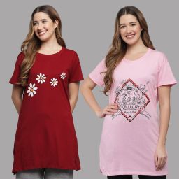Pack of 2 Women Printed Round Neck Pure Cotton Multicolor T-Shirt-image-94