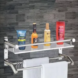High Grade Stainless Steel Multipurpose 2 Tier Bathroom Shelf with Towel Holder/Towel Hooks/Bathroom Accessories Wall-Mount (Silver) Stainless Steel Wall Shelf-image-70