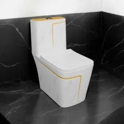 lurexa Dimond Quality LT08 White Marble commode with Yellow Finishing Line and Round Flush Button Western Commode image 2