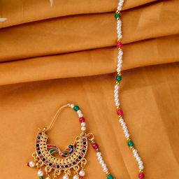Silvermerc Designs Gold-Plated White & Red Stones-Studded & Beaded Wedding Nose Ring-image-8