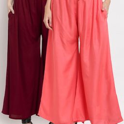 Miaz Lifestyle Women Peach & Maroon Flared Knitted Ethnic Palazzos Pack Of 2-picture-4