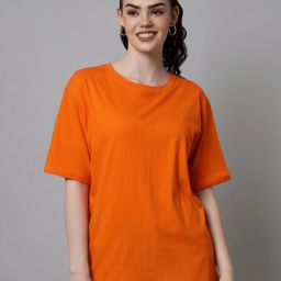 Women Solid Round Neck Cotton Blend Orange T-Shirt-image-2