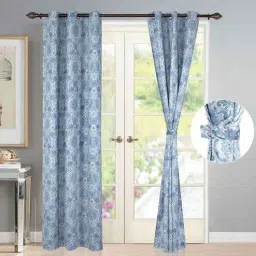 deco window Blue Floral Polyester 7 Ft Semisheer Eyelet Door Curtains (Set of 2)-picture-6