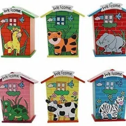 Wood House Animal Design Kiddy Piggy Coin Box Money Safe For Kids Set Of 6 Coin Bank-image-46
