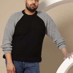 Men Self Design Round Neck Black Sweater-image-80