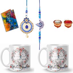 Designer rakhi for brother and bhabhi (Lumba Rakhi Set, 2 Printed Coffee Mug, Rakshabandhan Card, Roli Chawal) L-102-102b-YJ-SQ Gold Finish Chawal Roli Pack, Rakhi, Greeting Card, Mug Set-image-36