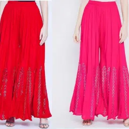 Pack of 2 Women Flared Pink, Red Viscose Rayon Trousers-image-69